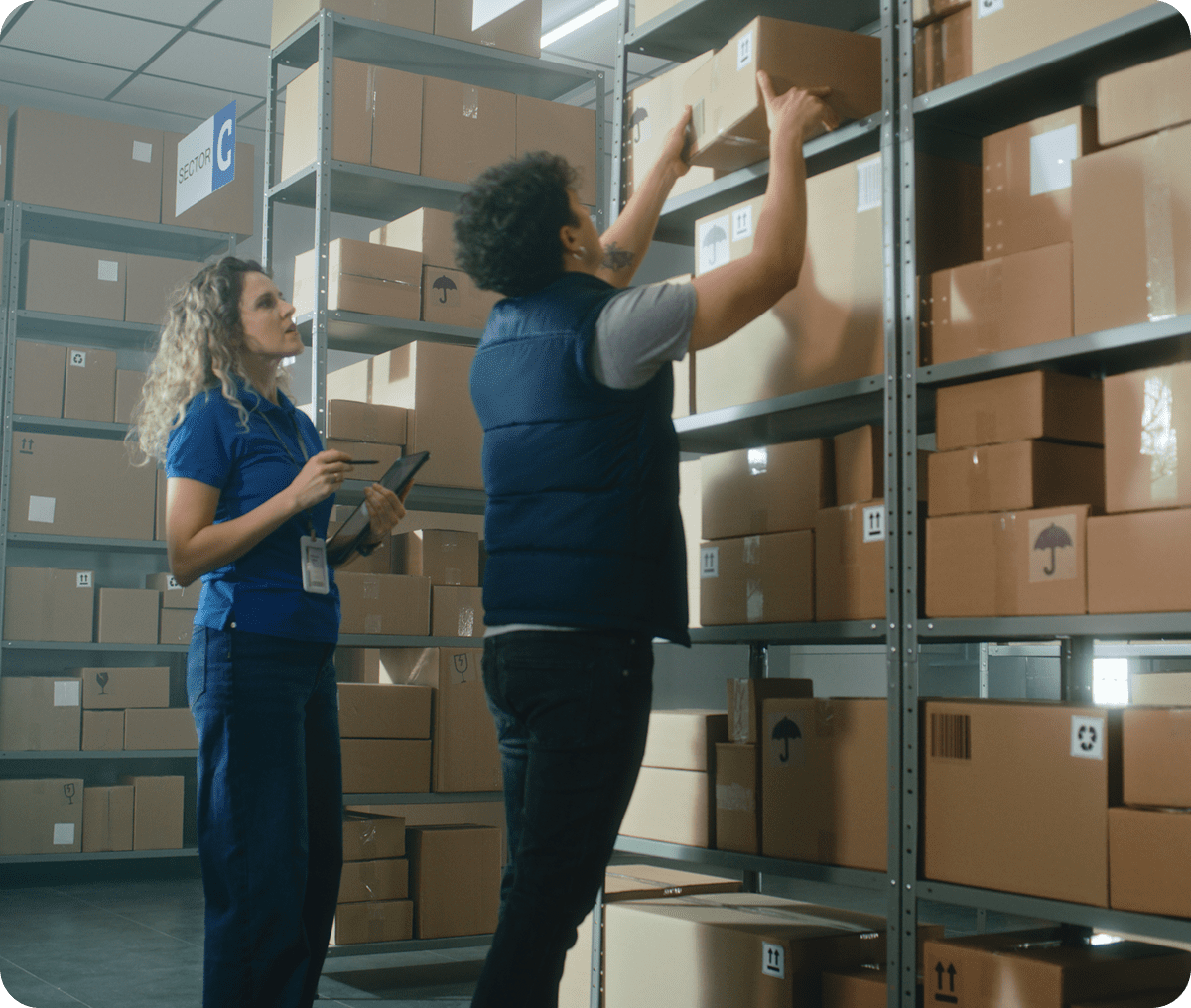 Warehouse workers organizing cardboard boxes on shelves.