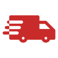 Red delivery truck icon on black background.